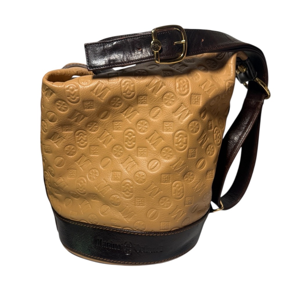 MARINO ORLANDI Vintage Italian Leather Bucket Bag Tan Embossed Monogram Y2K - Picture 4 of 16